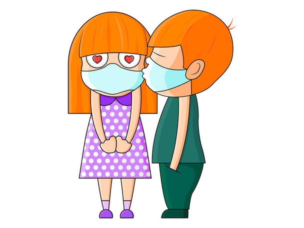 男の子は保護マスクを通して女の子にキス。コロナウイルス. - ベクター画像