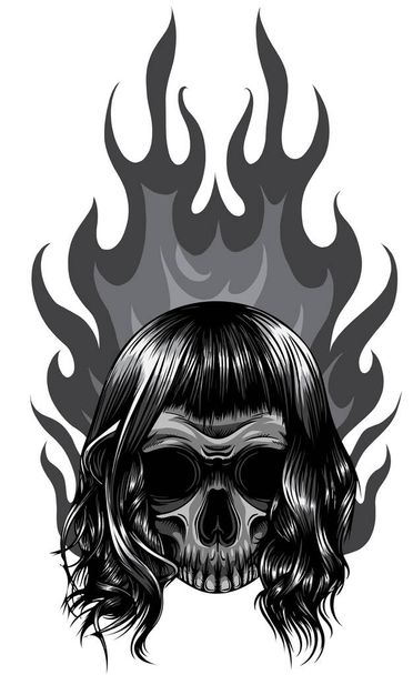 monochromatyczna czaszka w ogniu z płomieniami wektor ilustracji - Wektor, obraz
