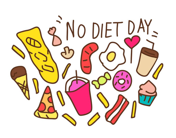 Day no diet. Food doodle elements, set. illustration in cartoon style. - Фото, изображение