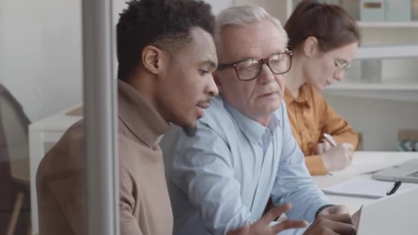 Chest-up shot of senior Caucasian man pointing at laptop screen and listening attentively while young Afro-American student giving detailed explanations of project - Imágenes, Vídeo
