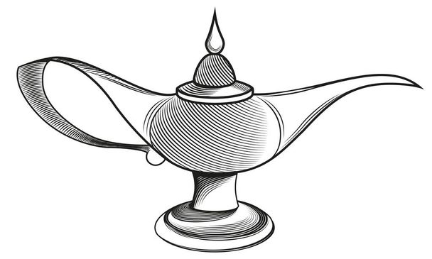  Lámpara mágica en estilo grabado. Objeto blanco y negro antiguo. - Vector, imagen