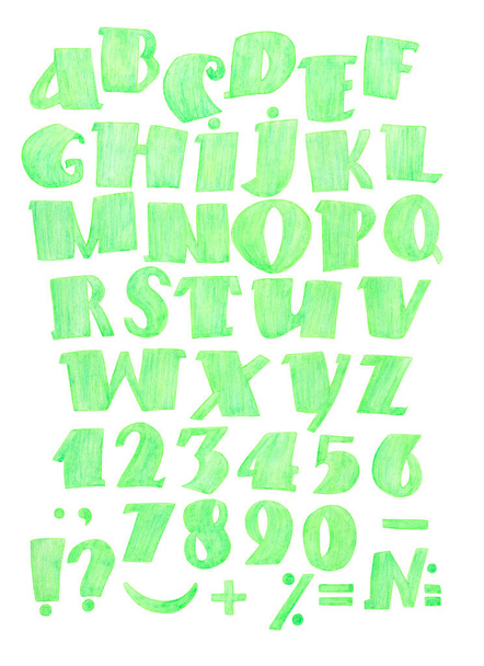 Acuarela Alfabeto Clipart Alfabeto verde. Cartas Números Puntuación Clipart - Foto, Imagen