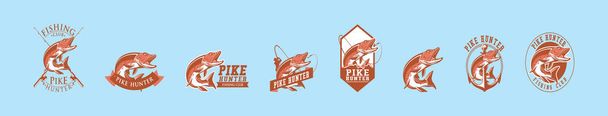 conjunto de pez lucio logotipo de dibujos animados plantilla de diseño icono con varios modelos. ilustración vectorial moderna aislada sobre fondo azul - Vector, imagen