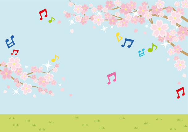 Ilustracja wiosennej scenerii z kwiatami wiśni plus nuta muzyczna - niebo i trawiasta równina - do poziomego zapisu formatu krajobrazu - Wektor, obraz