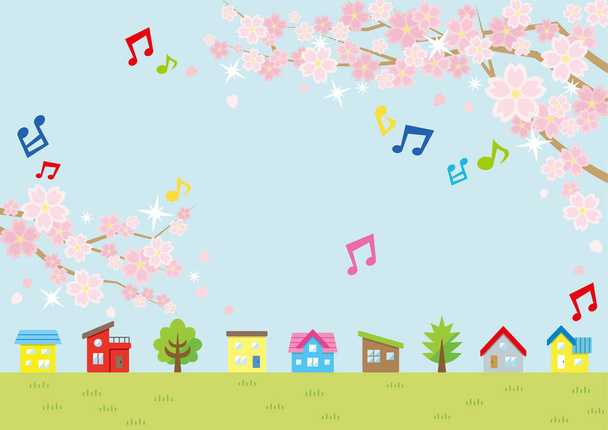 Ilustracja wiosennej scenerii z kwiatami wiśni plus nuta muzyczna - rząd domów i nieba oraz trawiasta równina - do poziomego zapisu formatu krajobrazu - Wektor, obraz