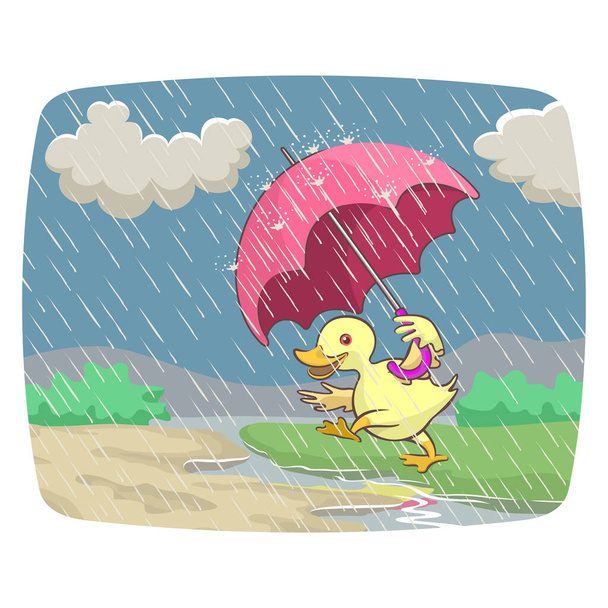 Illustratie van de Internationale Animatie Dag. Een klein eendje met een paraplu in de regen. - Vector, afbeelding