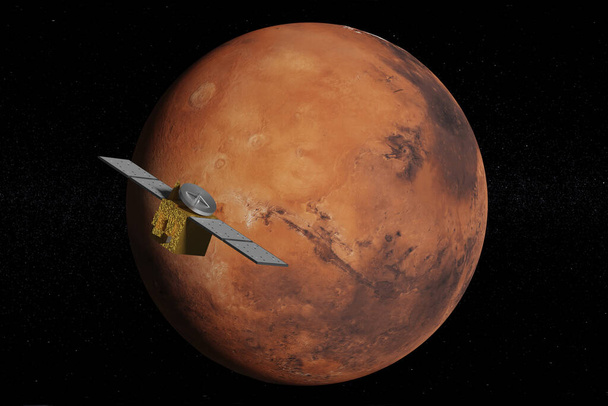 Sonda orbitująca wokół planety Mars. Ilustracja 3D. - Zdjęcie, obraz