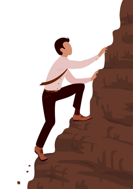 Egy fiatal, bátor üzletember megmászik egy meredek hegyet. Karrier és erőfeszítés koncepció. Vektor rajzfilm illusztráció fehér háttér - Vektor, kép