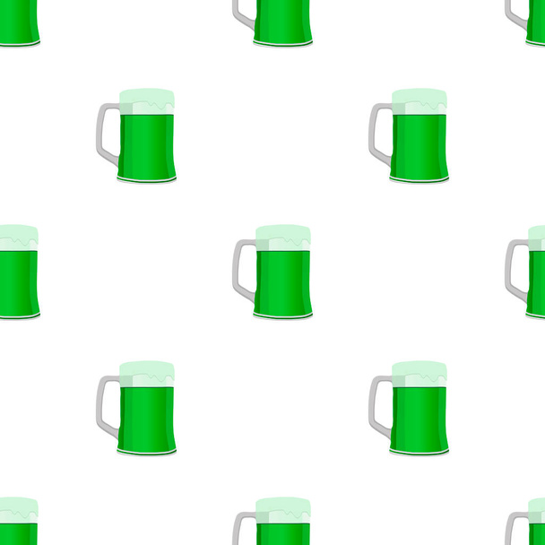 Ilustração Férias irlandesas dia de São Patrício, cerveja a cores sem costura na caneca. Padrão St Patrick dia consistindo de muitos caneca de cerveja idêntica no fundo branco. Cerveja em caneca acessório principal para o dia de St Patrick. - Vetor, Imagem
