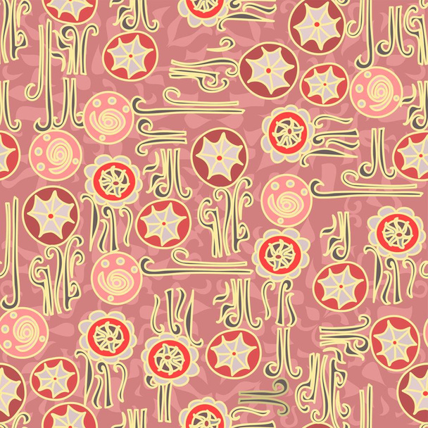 Απρόσκοπτη διάνυσμα επαναλαμβανόμενο ροζ και χρυσό μοτίβο με skitchy doodle στυλ λουλούδια σε μια τυχαία, διασκεδαστική διάταξη με διακοσμητικά περιστρεφόμενα στελέχη και κόκκινα κεφάλια λουλουδιών - Διάνυσμα, εικόνα
