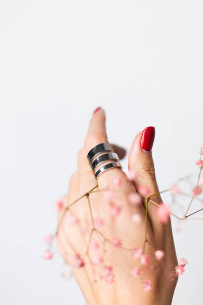 Zachte zachte foto van vrouw hand met grote ring rode manicure houden schattige kleine roze gedroogde bloemen geïsoleerd op witte achtergrond, voorjaarsstemming. - Foto, afbeelding