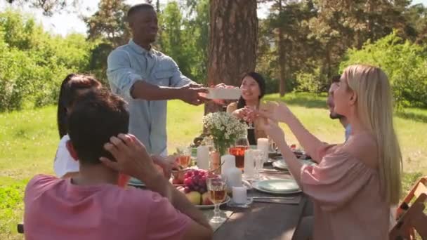 Handheld-Zeitlupenaufnahme von jungen Männern und Frauen, die einen wunderschönen Sommertag beim gemeinsamen Mittagessen im Freien verbringen - Filmmaterial, Video