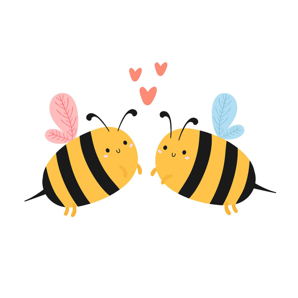 Niedliche verliebte Bienen. Entzückende Feder handgezeichnete Cartoon-Stil Vektorillustration isoliert auf weißem Hintergrund. Bienen und Herzen. Zum Valentinstag Karten, Textilien. - Vektor, Bild