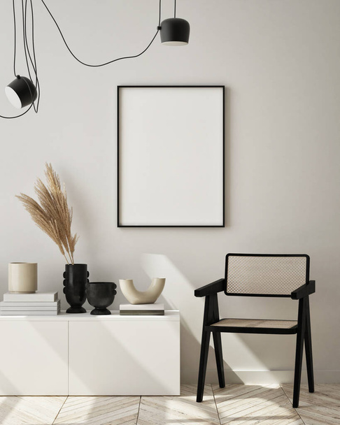 modelový rámeček plakátu v moderním interiéru, obývací pokoj, skandinávský styl, 3D vykreslování, 3D ilustrace - Fotografie, Obrázek