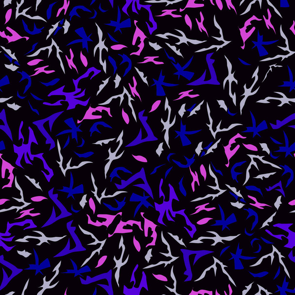 nahtlose abstrakte Muster chaotisch angeordneter kleiner geschwungener Linien aus weißen, rosa und blauen Blüten auf dunklem Hintergrund - Vektor, Bild