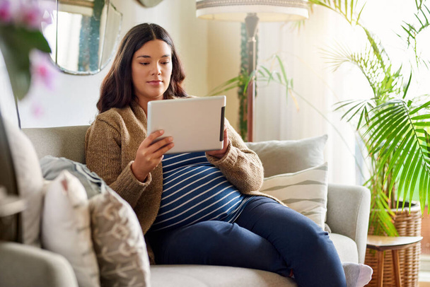Jonge zwangere vrouw ontspannen op haar woonkamer bank thuis surfen op het internet met een digitale tablet - Foto, afbeelding