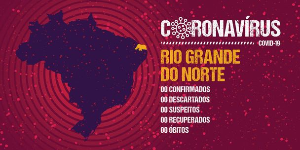 Infographics για την εξέλιξη της επιδημίας στην πολιτεία Rio Grande do Norte, Βραζιλία. Κείμενο στα βραζιλιάνικα πορτογαλικά λέγοντας "coronavirus, επιβεβαιώνεται, απορρίπτεται, ύποπτος, ανακτάται, θάνατοι". - Διάνυσμα, εικόνα