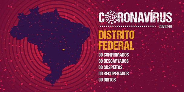 Infographics για την εξέλιξη της επιδημίας στην πολιτεία Distrito Federal, Βραζιλία. Κείμενο στα βραζιλιάνικα πορτογαλικά λέγοντας "coronavirus, επιβεβαιώνεται, απορρίπτεται, ύποπτος, ανακτάται, θάνατοι". - Διάνυσμα, εικόνα