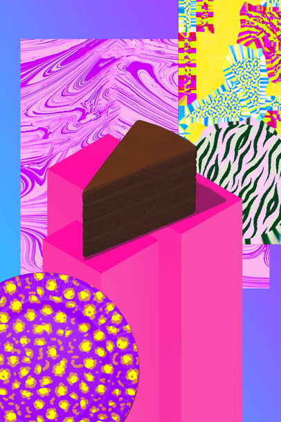 Minimale Lebensmittelgeometrie im Detail. 3D rendern Szene Schokoladenkuchen in Isometrie kreativen Collage-Raum. Restaurant, Bar, Bäckerei, Konditorei, Konzeptkunst für die Essensausgabe. - Foto, Bild