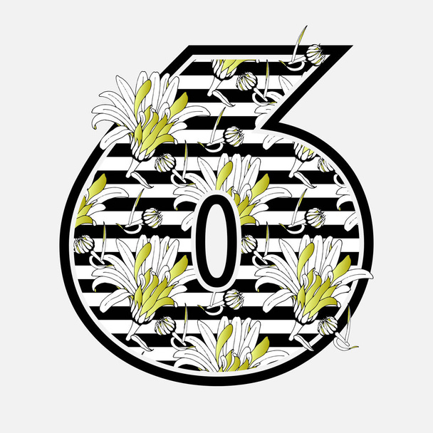 Vintage vector floral Número 6 con flores de manzanilla gruesas con pétalos de oro sobre fondo de rayas horizontales en blanco y negro. Números grunge monocromo seis  - Vector, Imagen