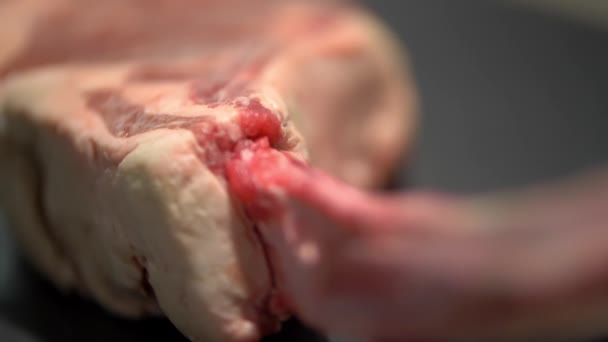 Крупный план сырого куска мяса на черной тарелке - Кадры, видео