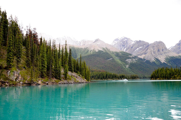 Piękny widok na jezioro Maligne w Parku Narodowym Jasper, Alberta, Kanada. - Zdjęcie, obraz