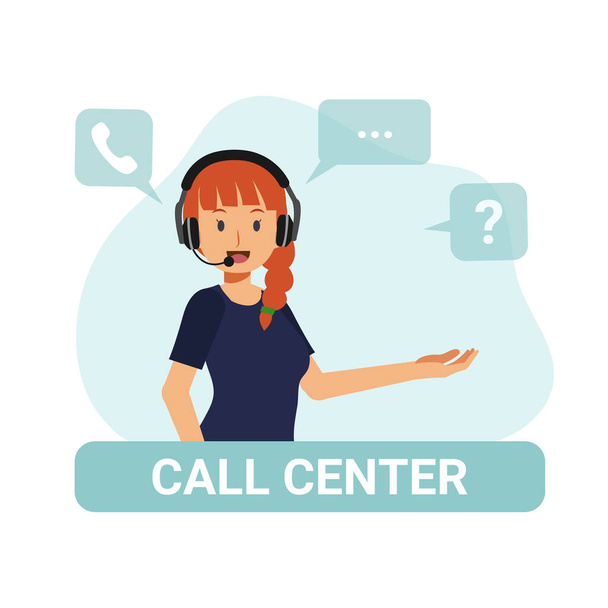 Female call center agent.Flat Vector catoon character illustration.  - Vector, Image