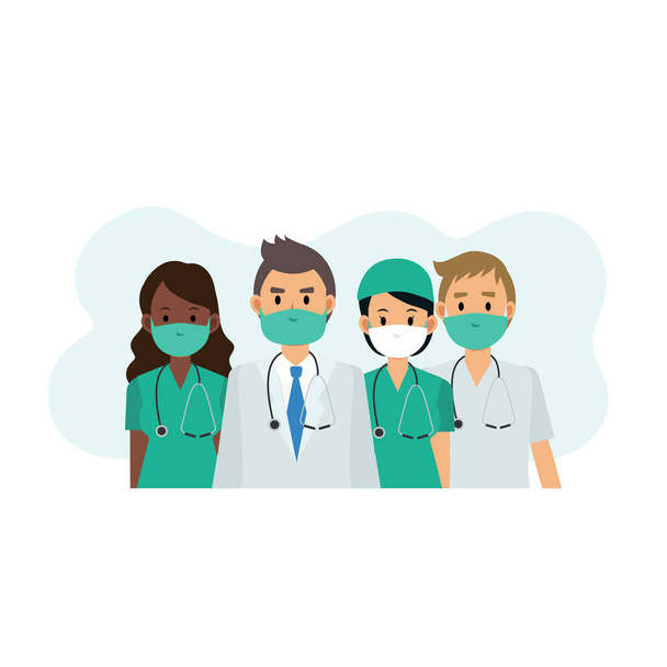 Vector flat cartoon Character of Medical Team Wearing Protective Mask on White Background. team of doctor and nurse. - Vector, Image