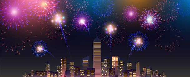 Fireworks Display over the Night City, vector illustrated background - Vector, Image