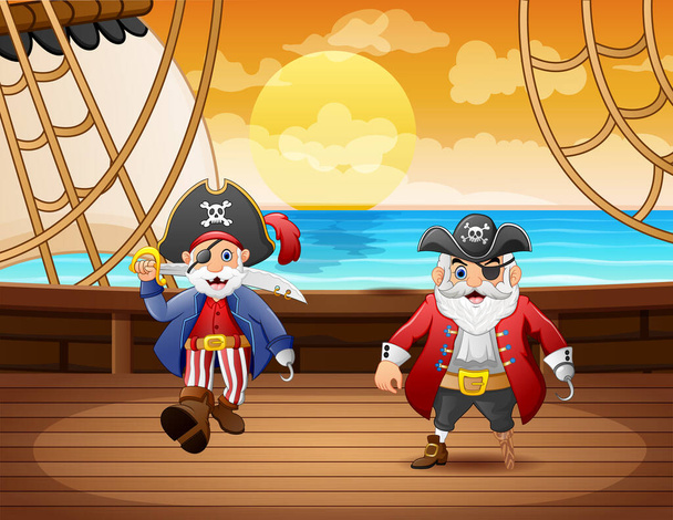 Nave pirata dei cartoni animati con due capitano in mare - Vettoriali, immagini