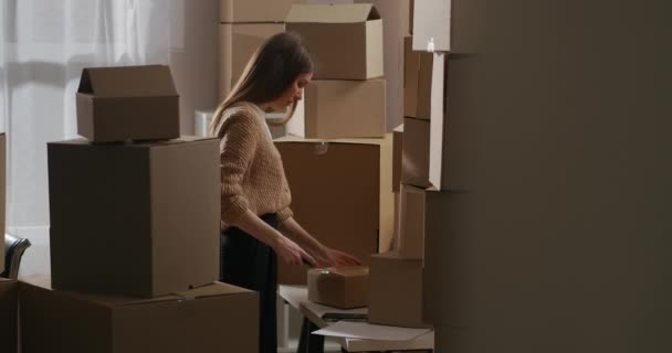 γυναίκα παίρνει το πακέτο με τα καλλυντικά για το εμπόριο, ξεπακετάρισμα κουτί στην αποθήκη σπίτι, διαβάζοντας το έγγραφο και τον έλεγχο των εμπορευμάτων - Πλάνα, βίντεο
