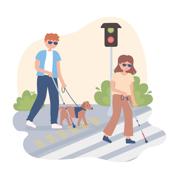 τυφλή γυναίκα και ο άνθρωπος με τα πόδια στο δρόμο φανάρι - Διάνυσμα, εικόνα