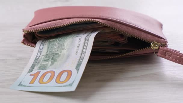 Die Frau zieht eine rosafarbene Brieftasche mit einem Hundert-Dollar-Schein und einer Menge Geld hervor. Finanz-, Aufwand- und Ertragskonzept. - Filmmaterial, Video