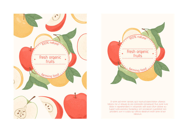 Dojrzałe świeże jabłka projekt karty. Słodkie owoce jabłka wektor ręcznie rysowane baner koncepcja. Jasne smaczne owoce. - Wektor, obraz