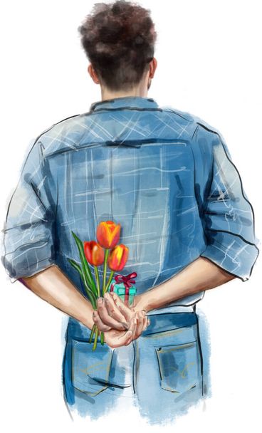 акварельна ілюстрація чоловіка, який тримає за спиною букет тюльпанів. Дизайн плакатів. Дизайн бізнесу. Святковий фон, плакат. Візитка
. - Фото, зображення