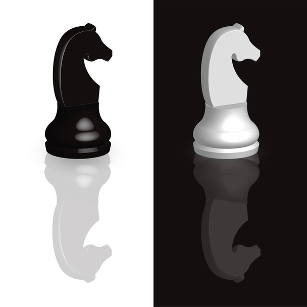 Pièces d'échecs 3D noir et blanc chevalier avec un reflet miroir des figures sur la surface.Pièces d'échecs 3D réalistes pour un jeu de plateau. - Vecteur, image