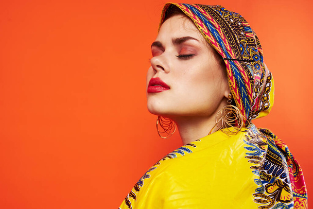 woman in multicolored turban red lips attractive look isolated background - Φωτογραφία, εικόνα