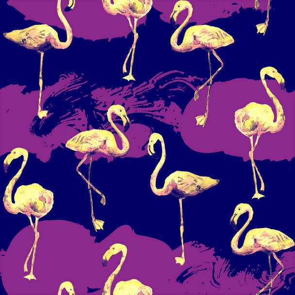 Flamingó minta. Trópusi nyári piros kék minta. Egzotikus tavaszi textil háttér madarakkal. Divat hawaii dzsungel ismétlődő zökkenőmentes csempe. Csíkos botanikus fürdőruha design. Miami vadvilág. - Fotó, kép