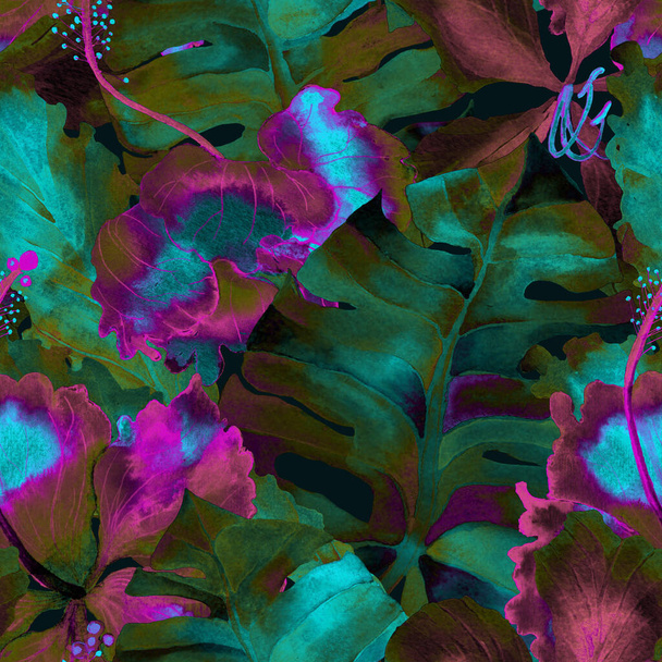 Καλοκαίρι μοτίβο. Αδιάβροχα τροπικά λουλούδια και φύλλα monstera. Παλάμη και Hibiscus ζούγκλα αδιάλειπτη μοτίβο. Καλοκαίρι hawaiian ακουαρέλα φόντο. Τροπικές παλάμες, monsteras, τυπωμένα άνθη ιβίσκου. - Φωτογραφία, εικόνα