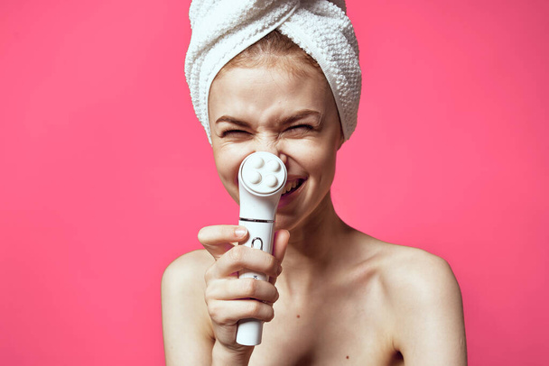 emotional woman naked shoulders facial massage cosmetology - Photo, Image