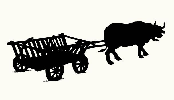 Schwarze Tinte handgezeichnet große rustikale Fracht Straßenarbeiter Tier tragen Pflug Holz Rad Dray Reisewagen. Symbol Zeichen Symbol Logo historische antike asiatische Kunst Kontur Cartoon-Stil weiß Himmel Text Raum - Vektor, Bild
