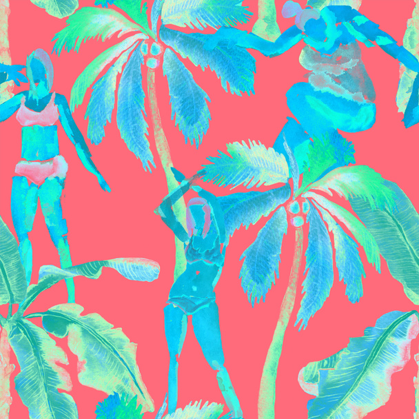 Zomer strandpatroon. Mensen in zwempakken staan tussen exotische palmen, bladeren en bloemen. Groene turquoise print. Tropische hawaiiaanse aquarel naadloze tegel. Bikini miami zonnebaden meisjes.  - Foto, afbeelding