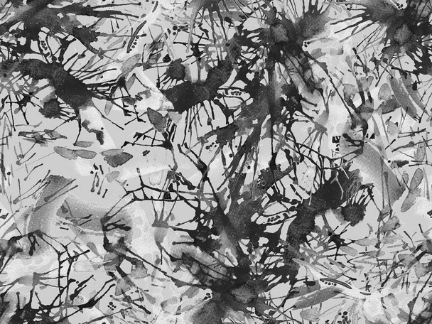 Splatter seamless pattern. Black and white watercolor brush stroke grunge tile. Watercolour ikat splash paint design. Hand drawn ink blots. Dirt splat pattern. Liquid drip brush endless print. - Photo, Image