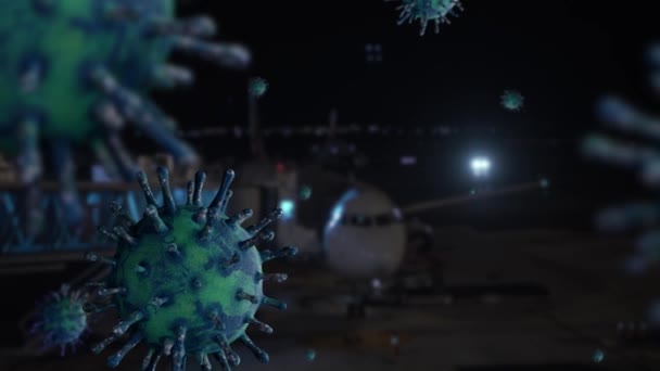 3D απεικόνιση. Flu coronavirus πάνω από το αεροπλάνο σταθμευμένο στο διεθνές αεροδρόμιο τη νύχτα. Αεροπλάνο αναχωρεί από την πύλη του αεροσταθμού. Concept ταξίδι κατά τη διάρκεια πανδημίας Covid 19, ακυρώθηκε ή καθυστερημένη πτήση-Dan - Πλάνα, βίντεο
