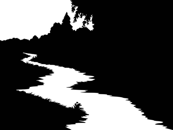 Rauhallinen ilta auringonlasku puro rivulet ruoko pankki tapa kohtaus tumma musta muste ääriviivat ääriviivat käsin piirretty kuva art retro vintage tyyliin. Hiljainen ruoho pensas pensas kasvi hämärässä yö näkymä valkoinen teksti tilaa tausta - Vektori, kuva