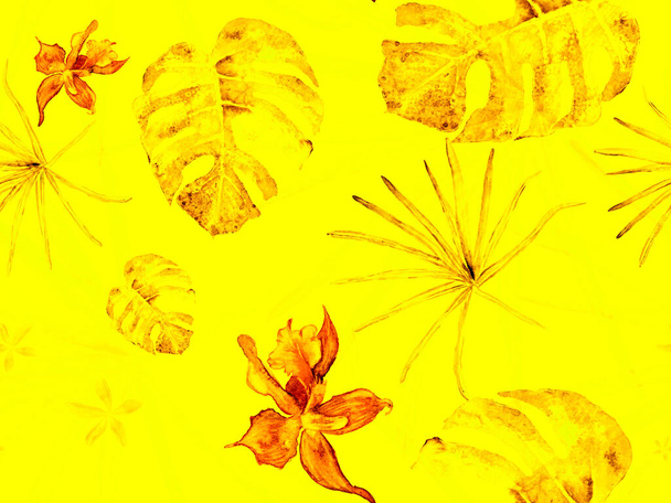 Zlatý žlutý vzor bezešvé orchideje. Otisk plavek s orchidejemi, palmové listy. Akvarelové květinové pozadí. Tropický letní tisk. Exotický havajský design. Thajsko Čalounění textury. - Fotografie, Obrázek