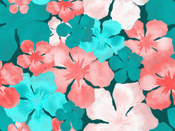 Havaijin akvarellikuvio. Rainbow kukka trooppinen saumaton tulostaa. Hibiscus ja Oleander Havaijilla. Aloha uimapuvut suunnittelu. Eksoottinen kimppu muoti kuvitus. Vesiväri vaakasuora laatta. - Valokuva, kuva