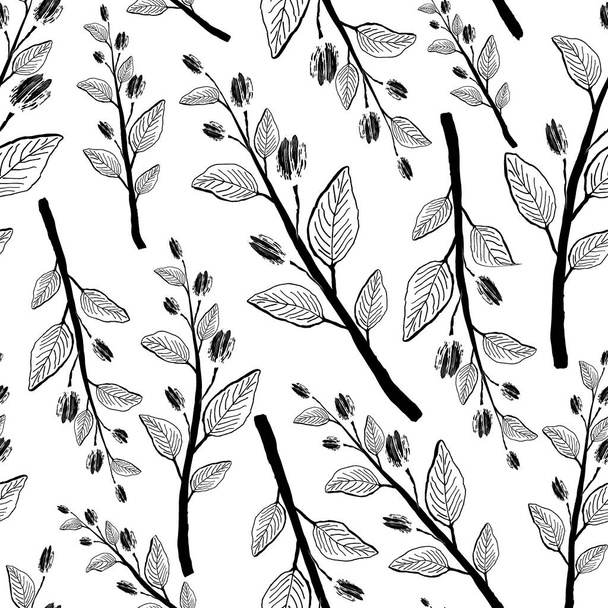 Pflanzen mit Blättern und Blütenknospen auf weißem Hintergrund. Einfarbige Illustration. Nahtloses Vektormuster. - Vektor, Bild
