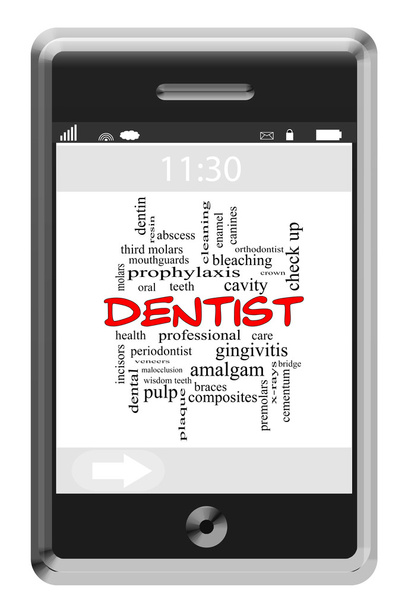 Concepto de nube de palabra dentista en un teléfono con pantalla táctil
 - Foto, imagen