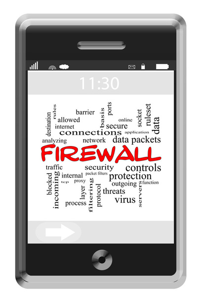 Firewall Word Cloud-Konzept auf einem Touchscreen-Handy - Foto, Bild